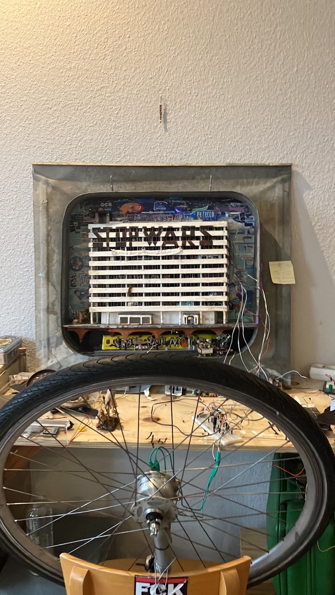 Wheel mechanism that lets visitors generate electricity for STOP WARS